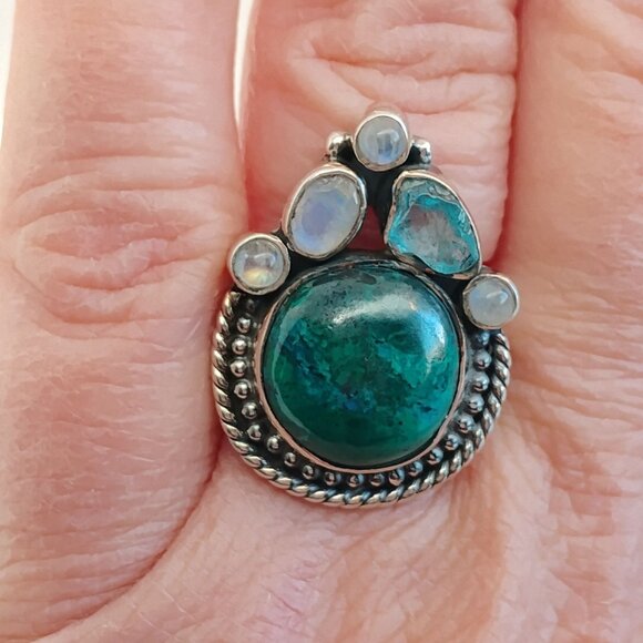 Chrysocolla or Eliat Stone Moonstone Opal Topaz Sterling Silver Ring Size 9 - Picture 3 of 6
